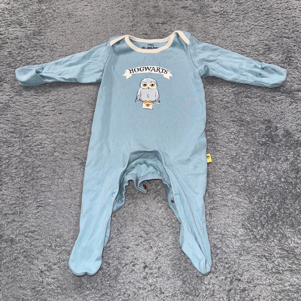 M&S Harry Potter Hedwig Owl Footed Sleeper 0-3 Months Blue Hogwarts Baby Pajama